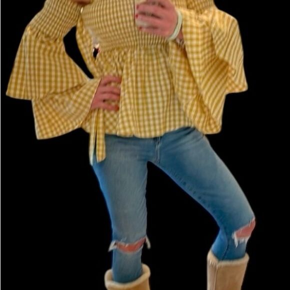 Caroline Constas off the shoulder smocked body ruffle sleeves top boho NWOT L - Picture 4 of 10